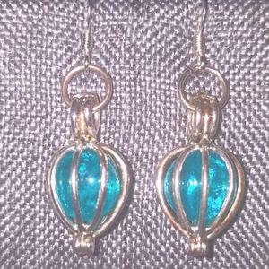 Vintage Recycled Mason Jar Teardrop Earrings, with light blue crystal in…
